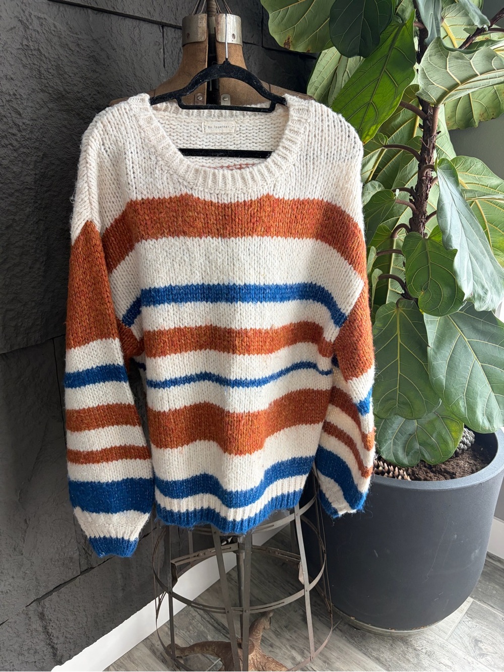 Together Cream, Rust & Blue Striped Crewneck Sweater